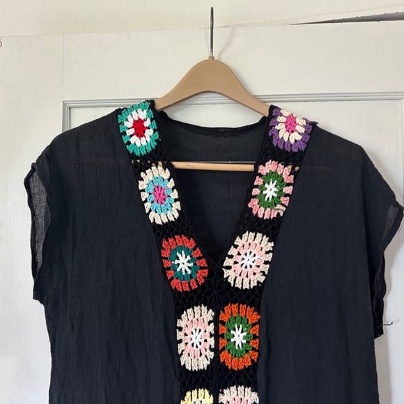 Bsubseach Floral Patchwork Deep V Neck Crochet Cover Up Short Sleeve Dress - Picture 3 of 16